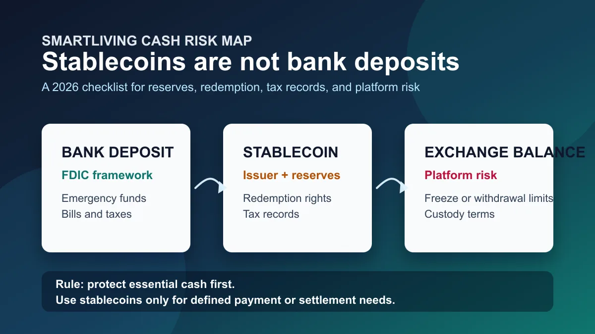 Stablecoins Are Not Bank Deposits: 7 Checks Before Treating USDC or USDT Like Cash in 2026