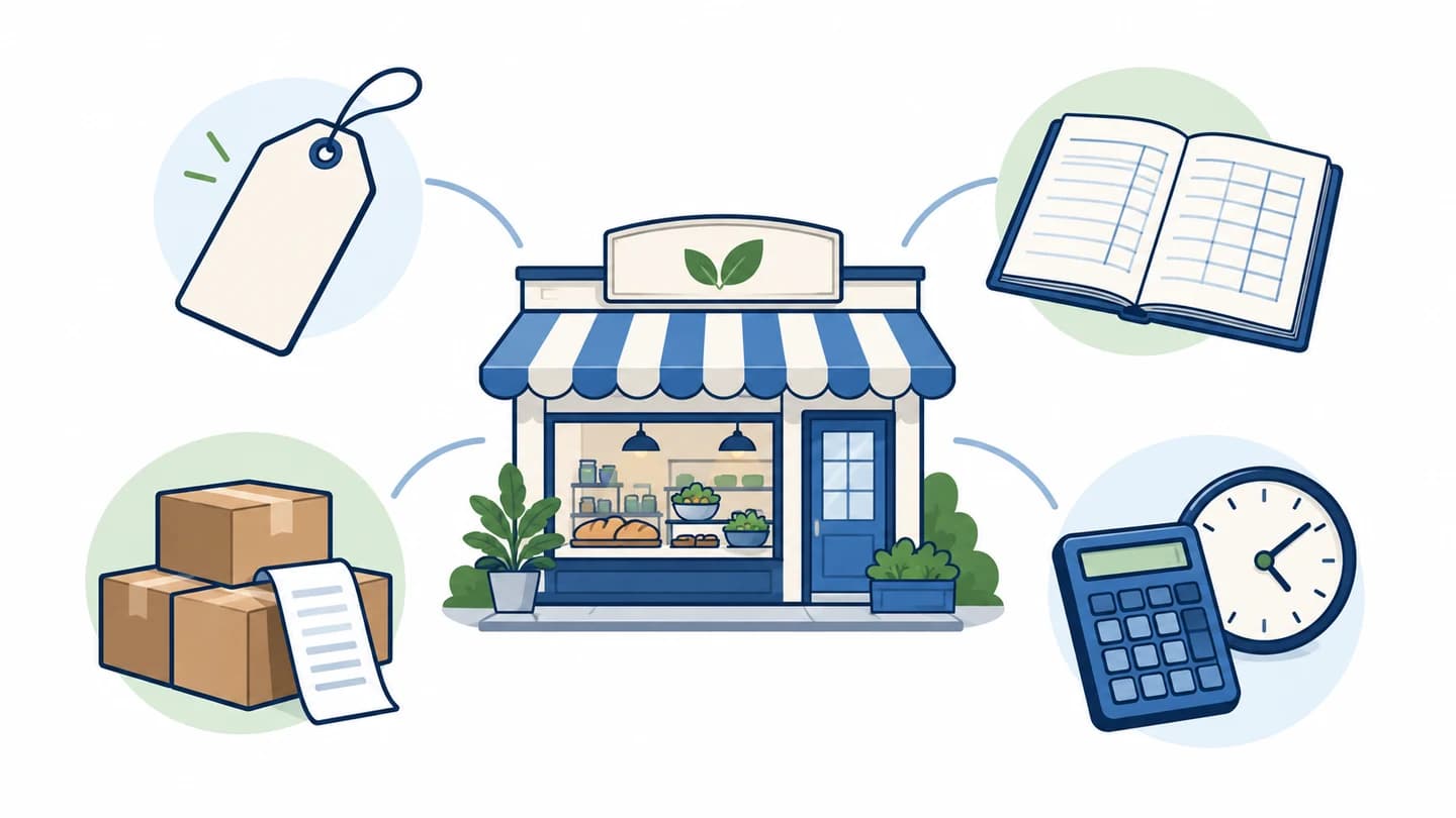 A food shop with a blue-and-white awning, surrounded by a blank price tag, an open ledger, boxes and a list, and a calculator beside a clock.